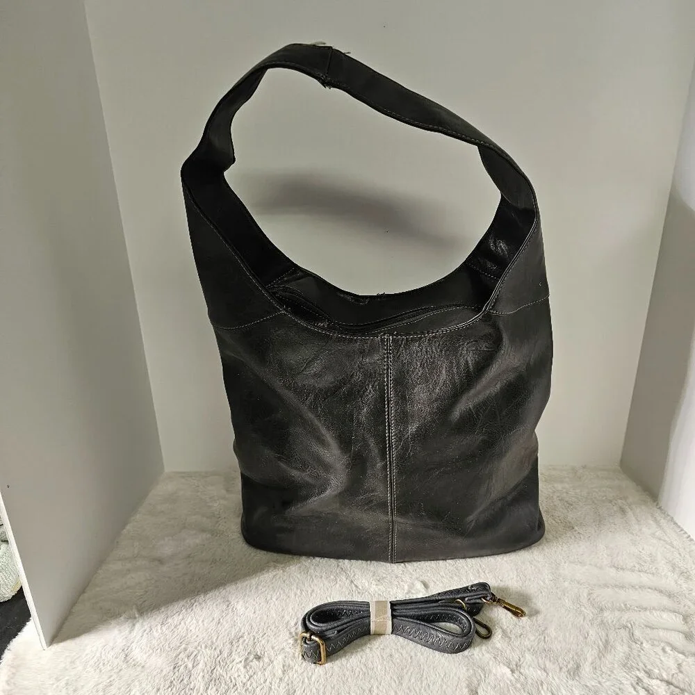 NWOT Black Gray Faux Leather Hobo Bag w/ Makeup Bag Crossbody